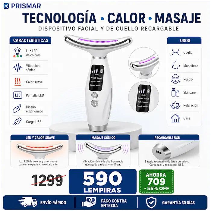Masajeador Facial y de Cuello con LED, Vibración y Calor — Tu Spa Casero para Skincare