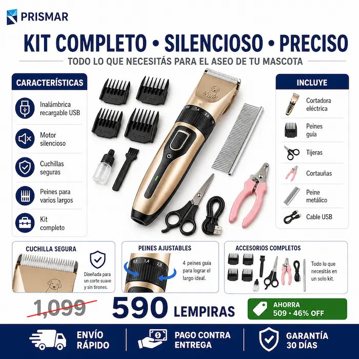 Kit Profesional de Aseo para Mascotas — Cortadora Silenciosa + Tijeras + Cortauñas + Peines Guía