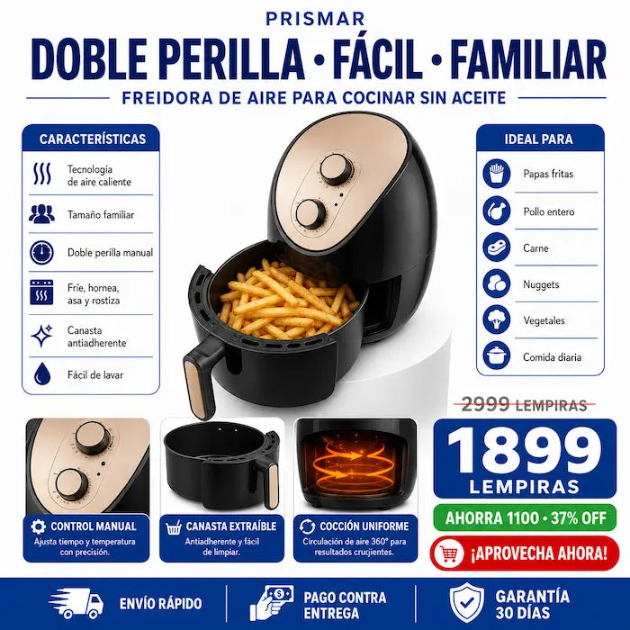 Freidora de Aire Familiar — Hasta 80% Menos Aceite, Cabe Pollo Entero, 4 en 1