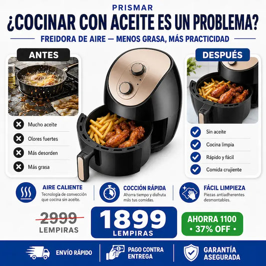 Freidora de Aire Familiar — Hasta 80% Menos Aceite, Cabe Pollo Entero, 4 en 1