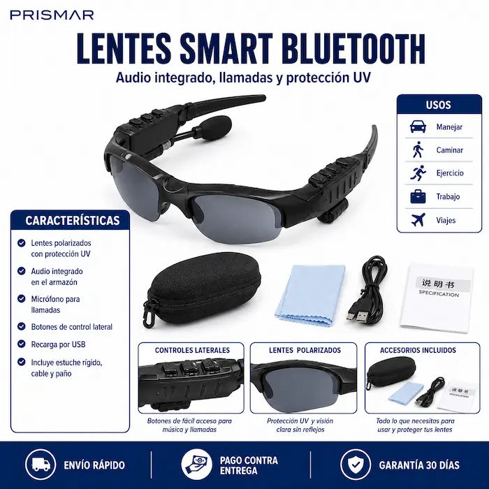 Lentes de Sol Inteligentes con Bluetooth — Música, Llamadas y Protección UV Todo en Tus Gafas