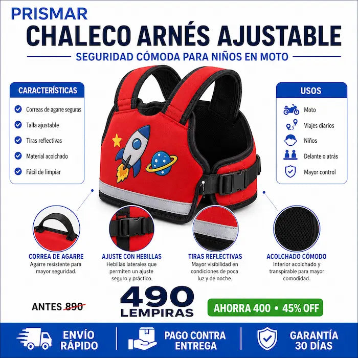 Chaleco Arnés de Seguridad para Niños en Moto — Tu Hijo Seguro, Bien Sujeto y con su Personaje Favorito