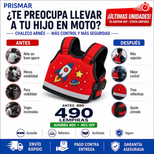 Chaleco Arnés de Seguridad para Niños en Moto — Tu Hijo Seguro, Bien Sujeto y con su Personaje Favorito