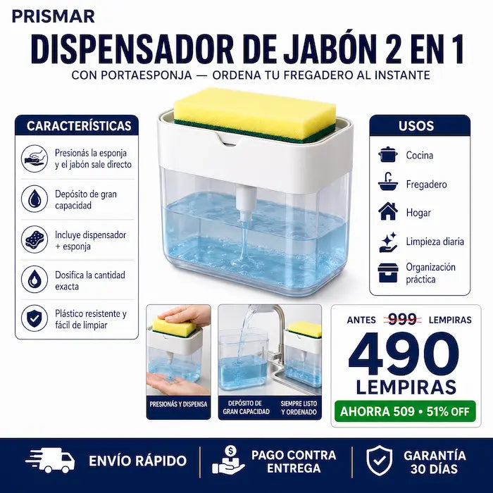 Dispensador de Jabón 2 en 1 con Portaesponja — Lavá los Platos Sin Botella Suelta y Sin Desperdiciar Jabón