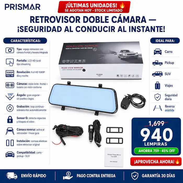 Retrovisor con Doble Cámara DVR Full HD 1080P para Auto