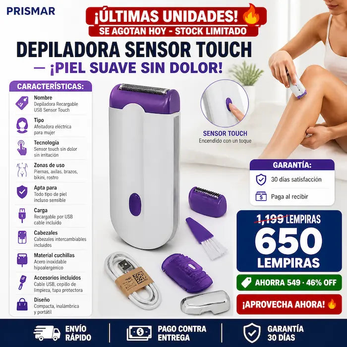 Depiladora ·Recargable USB · Sin Dolor · Sensor Inteligente para Piel Sensible