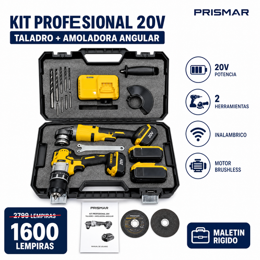 Kit Profesional Taladro Percutor + Amoladora Angular 20V — 2 Baterías · Maletín Rígido
