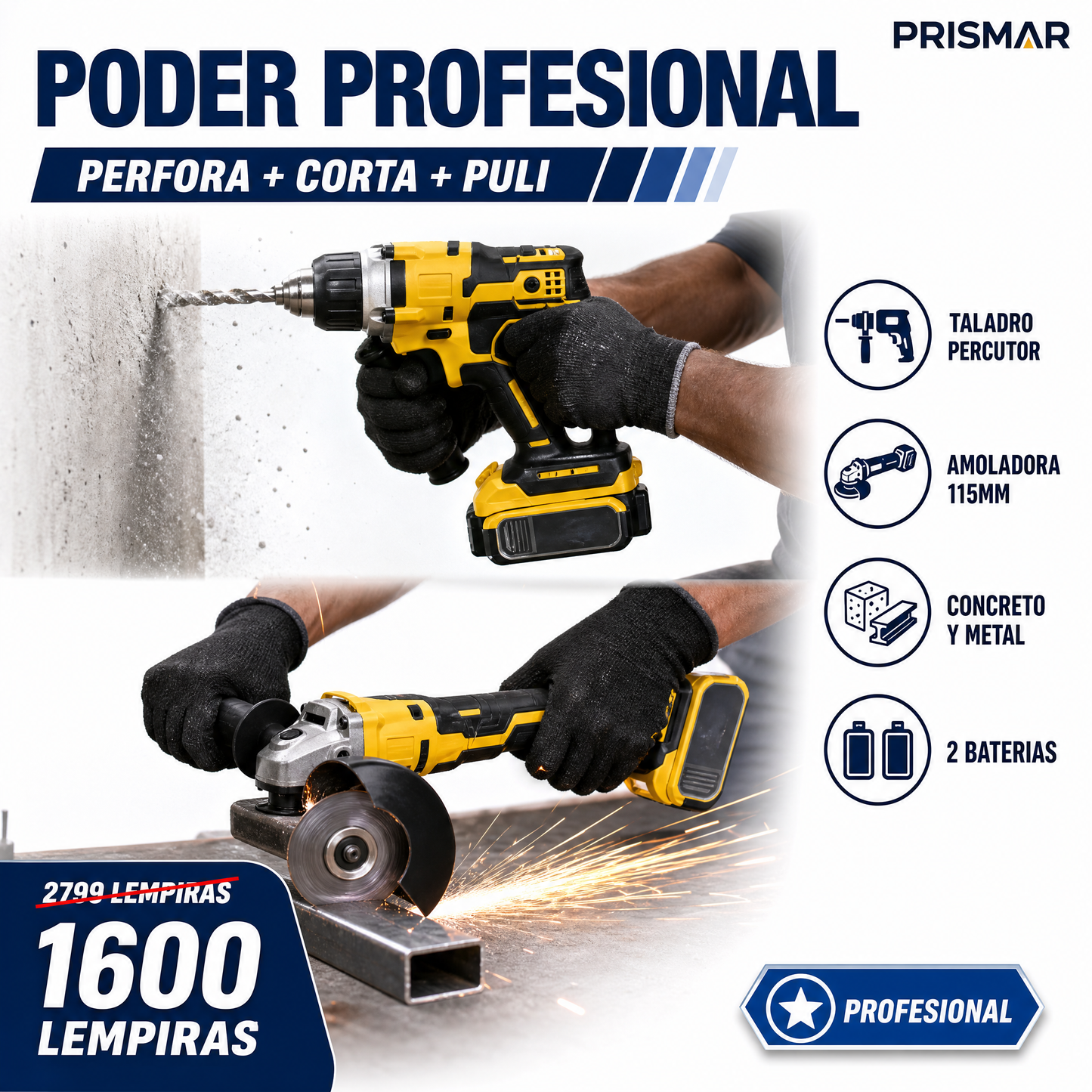 Kit Profesional Taladro Percutor + Amoladora Angular 20V — 2 Baterías · Maletín Rígido