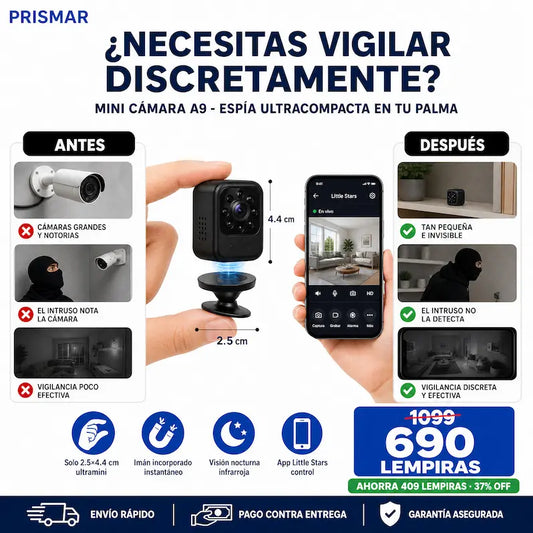 MINI CAMARA ESPIA A9 – Ultra Mini + Imán + Rotación 360° + Visión Nocturna + Garantía Extendida