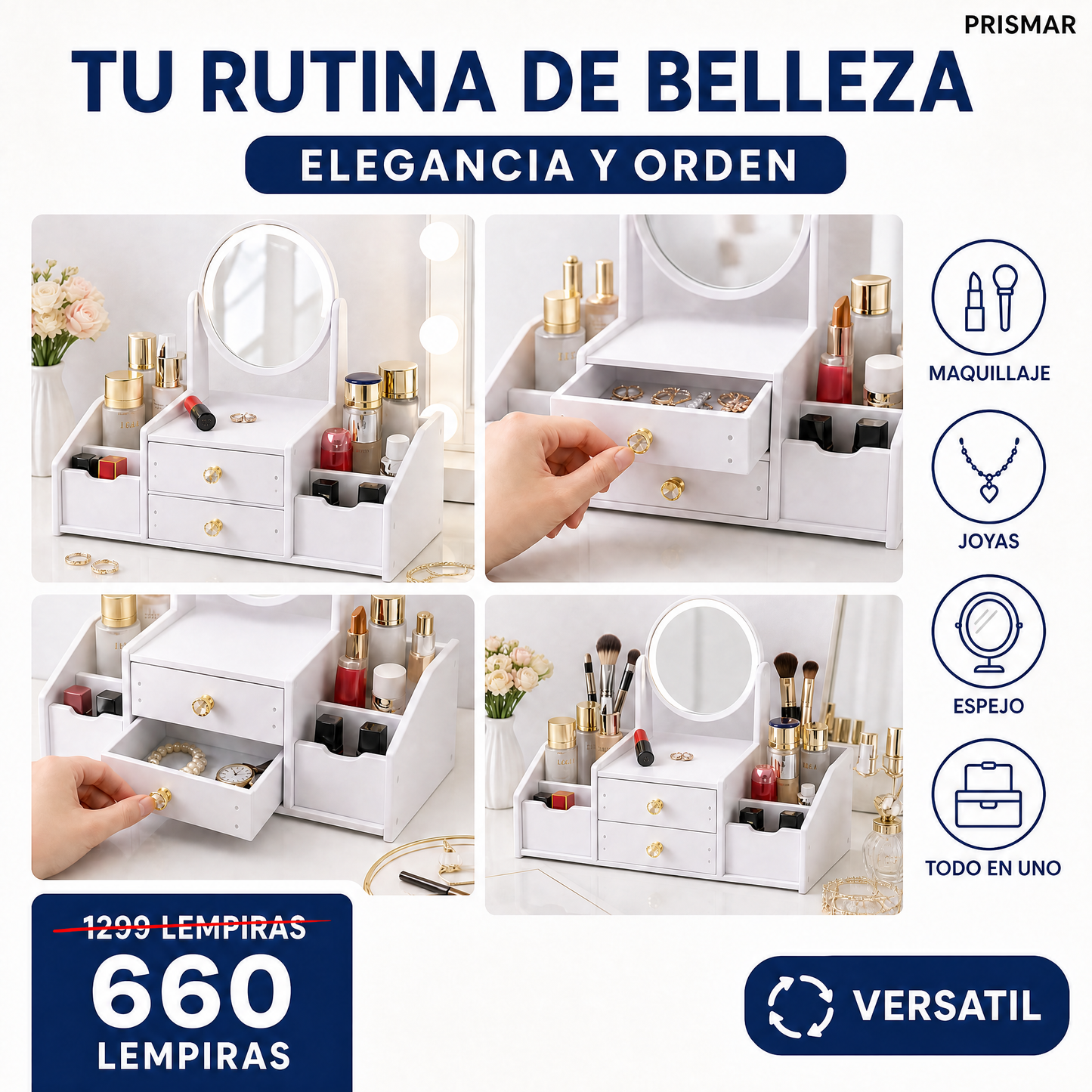 Organizador de Maquillaje y Joyas con Espejo y 2 Cajones