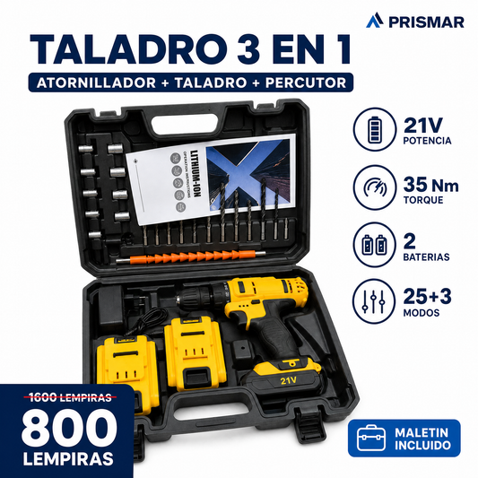 Kit Taladro Inalámbrico 3 en 1 — 21V · 2 Baterías · 35 N.m · Percutor + Taladro + Atornillador