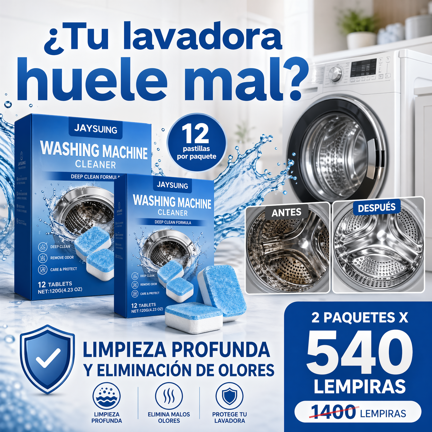 CleanWash Pro – Pastillas Limpiadoras para Lavadora 2x1 🧹✨ (24 Pastillas Total)