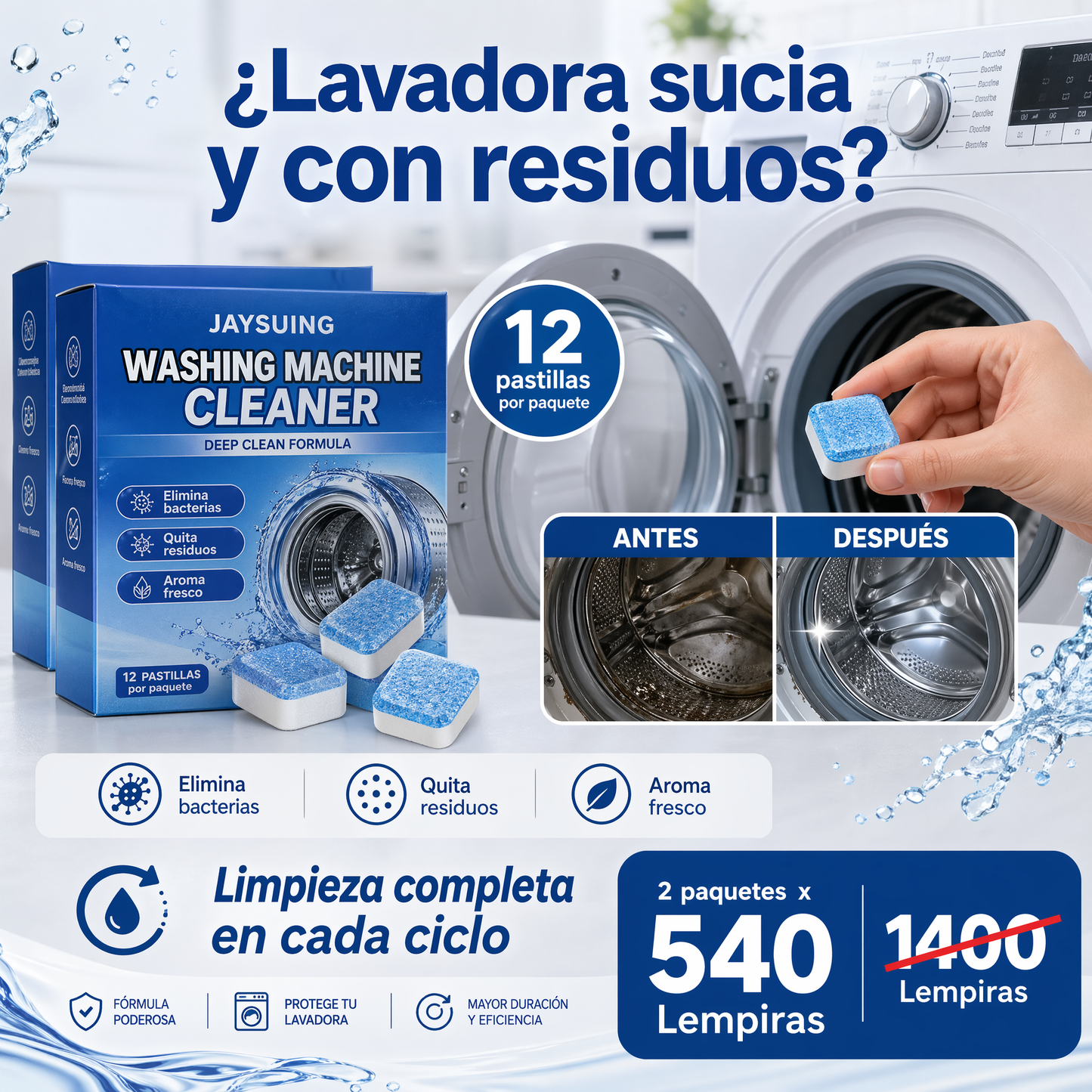 CleanWash Pro – Pastillas Limpiadoras para Lavadora 2x1 🧹✨ (24 Pastillas Total)