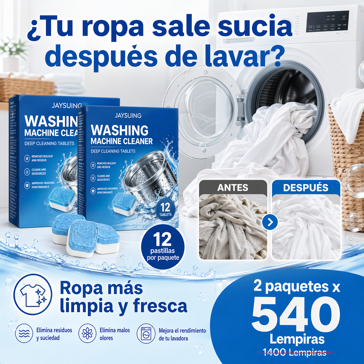 CleanWash Pro – Pastillas Limpiadoras para Lavadora 2x1 🧹✨ (24 Pastillas Total)