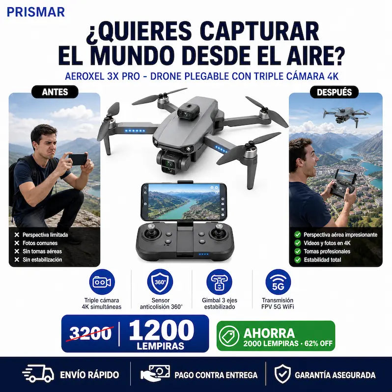 Sky vision – Drone Plegable con Triple Cámara 4K y Sensor Anticolisión +GARANTÍA