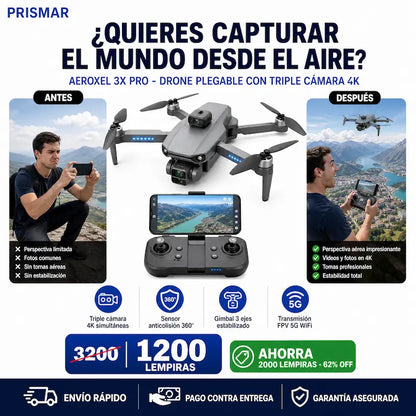 Sky vision – Drone Plegable con Triple Cámara 4K y Sensor Anticolisión +GARANTÍA