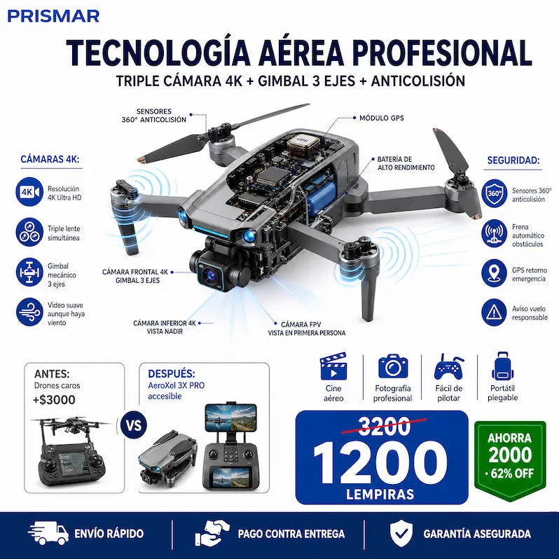 Sky vision – Drone Plegable con Triple Cámara 4K y Sensor Anticolisión +GARANTÍA