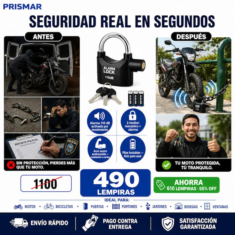 Alarm Lock 110 dB — Candado con Alarma Integrada · 2 Modos · Arco Endurecido · Pilas Incluidas