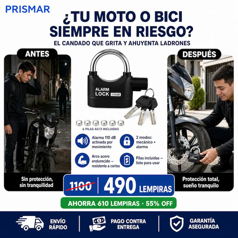 Alarm Lock 110 dB — Candado con Alarma Integrada · 2 Modos · Arco Endurecido · Pilas Incluidas