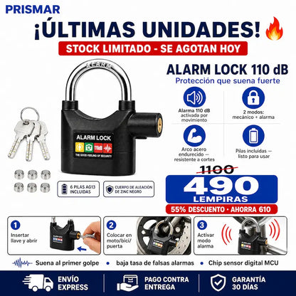 Alarm Lock 110 dB — Candado con Alarma Integrada · 2 Modos · Arco Endurecido · Pilas Incluidas