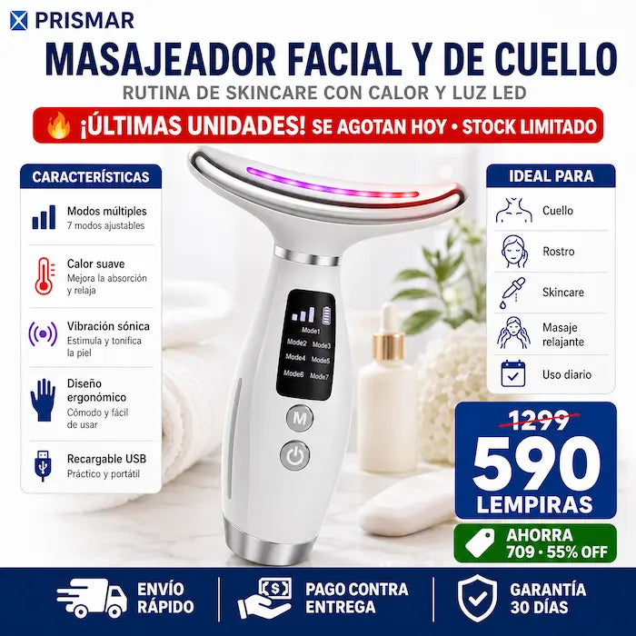 Masajeador Facial y de Cuello con LED, Vibración y Calor — Tu Spa Casero para Skincare