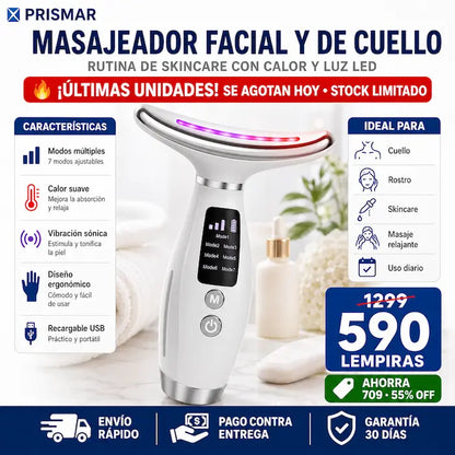 Masajeador Facial y de Cuello con LED, Vibración y Calor — Tu Spa Casero para Skincare
