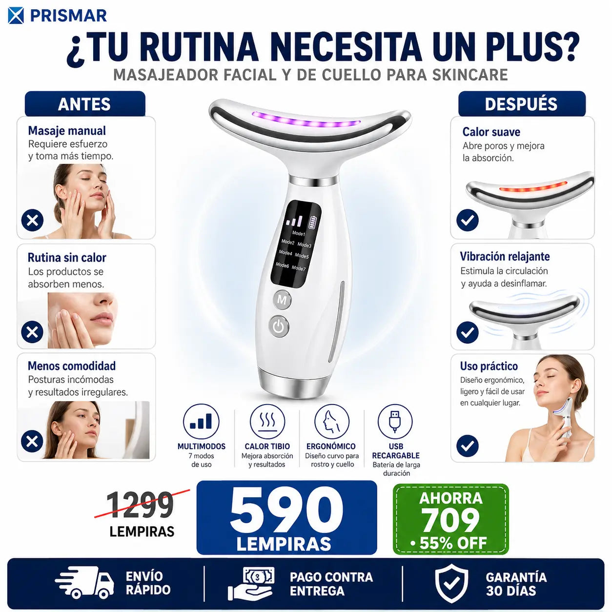 Masajeador Facial y de Cuello con LED, Vibración y Calor — Tu Spa Casero para Skincare