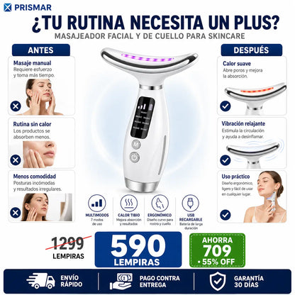 Masajeador Facial y de Cuello con LED, Vibración y Calor — Tu Spa Casero para Skincare