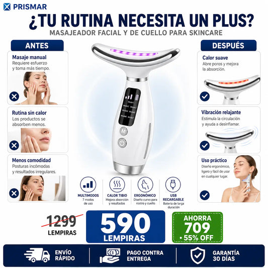 Masajeador Facial y de Cuello con LED, Vibración y Calor — Tu Spa Casero para Skincare