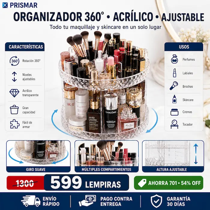 Organizador Giratorio 360° de Maquillaje en Acrílico — Tu Tocador Ordenado y Elegante en Segundos