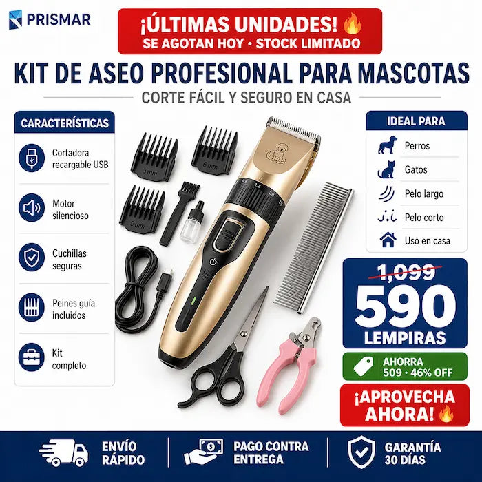 Kit Profesional de Aseo para Mascotas — Cortadora Silenciosa + Tijeras + Cortauñas + Peines Guía