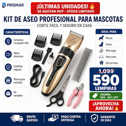 Kit Profesional de Aseo para Mascotas — Cortadora Silenciosa + Tijeras + Cortauñas + Peines Guía