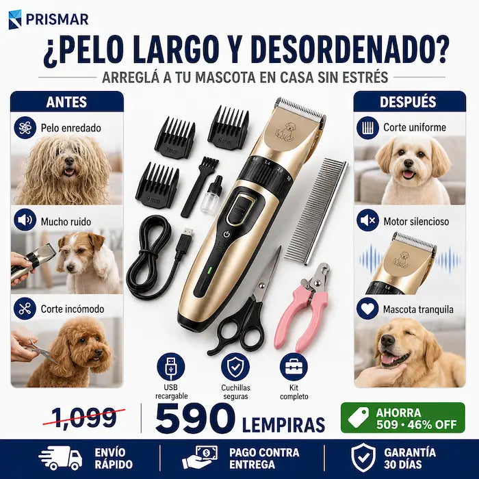 Kit Profesional de Aseo para Mascotas — Cortadora Silenciosa + Tijeras + Cortauñas + Peines Guía
