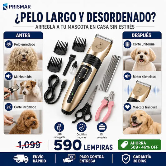 Kit Profesional de Aseo para Mascotas — Cortadora Silenciosa + Tijeras + Cortauñas + Peines Guía