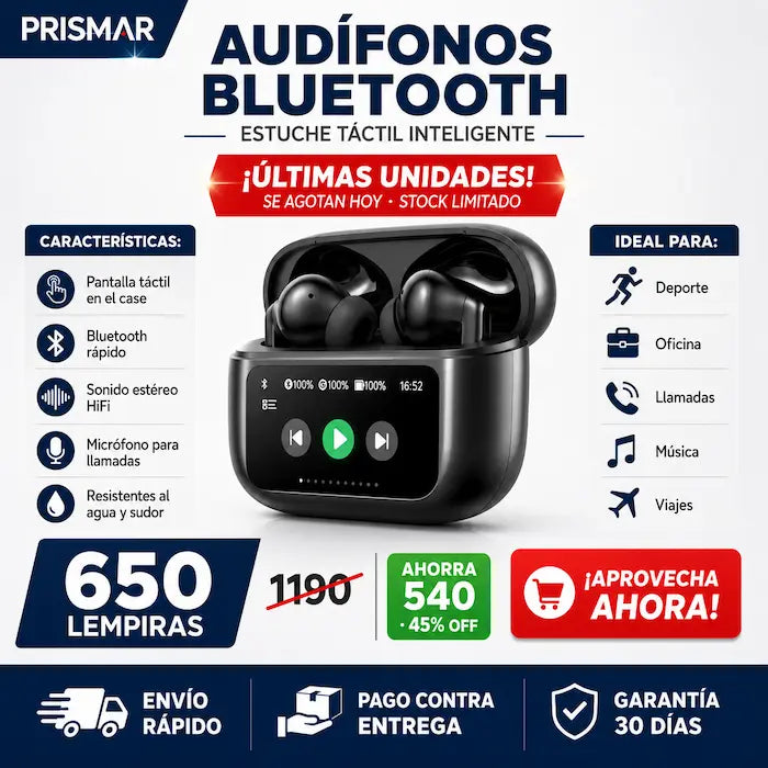 Audífonos Bluetooth Inalámbricos con Pantalla Táctil en el Estuche — Controlá Todo Sin Sacar el Celular