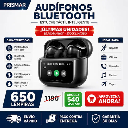 Audífonos Bluetooth Inalámbricos con Pantalla Táctil en el Estuche — Controlá Todo Sin Sacar el Celular