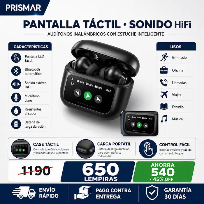 Audífonos Bluetooth Inalámbricos con Pantalla Táctil en el Estuche — Controlá Todo Sin Sacar el Celular