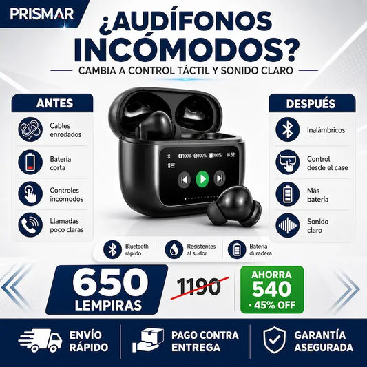 Audífonos Bluetooth Inalámbricos con Pantalla Táctil en el Estuche — Controlá Todo Sin Sacar el Celular