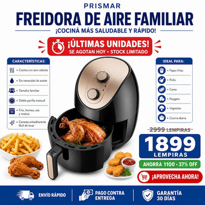 Freidora de Aire Familiar — Hasta 80% Menos Aceite, Cabe Pollo Entero, 4 en 1
