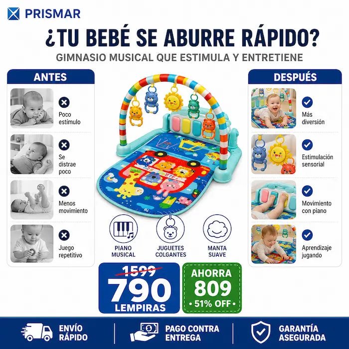 Gimnasio Manta para Bebés con Piano, Arco de Juguetes, Música y Luces — Diversión Segura para tu Bebé