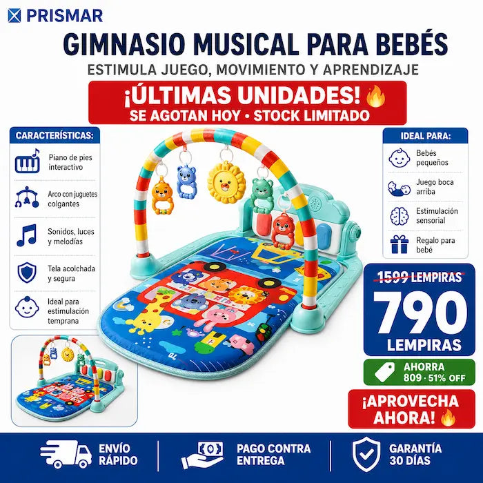 Gimnasio Manta para Bebés con Piano, Arco de Juguetes, Música y Luces — Diversión Segura para tu Bebé
