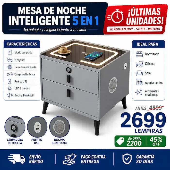 Mesa de Noche Inteligente 5 en 1 — Carga Inalámbrica, Huella Digital, Bocina Bluetooth, LED y USB Todo en Tu Velador