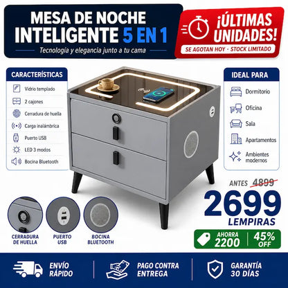 Mesa de Noche Inteligente 5 en 1 — Carga Inalámbrica, Huella Digital, Bocina Bluetooth, LED y USB Todo en Tu Velador