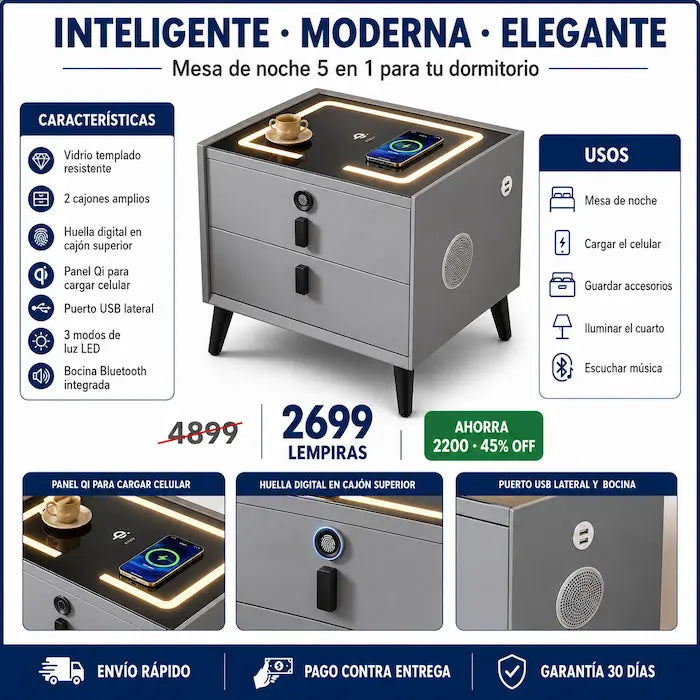 Mesa de Noche Inteligente 5 en 1 — Carga Inalámbrica, Huella Digital, Bocina Bluetooth, LED y USB Todo en Tu Velador