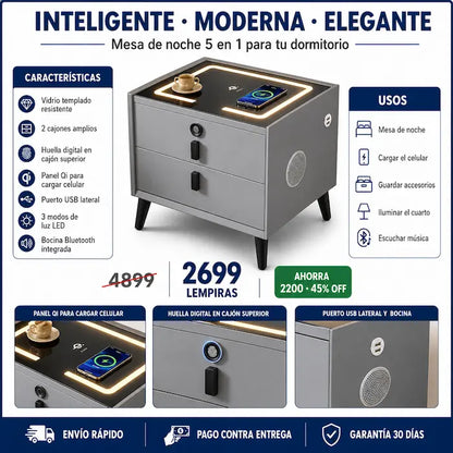 Mesa de Noche Inteligente 5 en 1 — Carga Inalámbrica, Huella Digital, Bocina Bluetooth, LED y USB Todo en Tu Velador