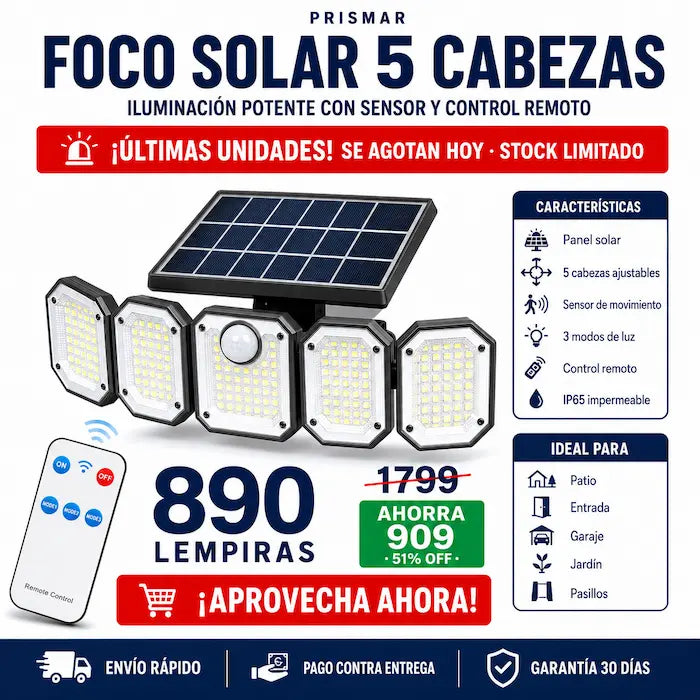 Foco Solar 5 Cabezas con Sensor de Movimiento y Control Remoto — Seguridad e Iluminación Sin Recibo de Luz