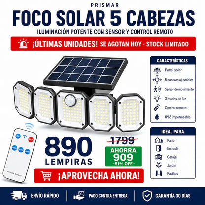 Foco Solar 5 Cabezas con Sensor de Movimiento y Control Remoto — Seguridad e Iluminación Sin Recibo de Luz