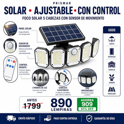 Foco Solar 5 Cabezas con Sensor de Movimiento y Control Remoto — Seguridad e Iluminación Sin Recibo de Luz