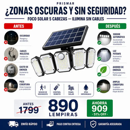 Foco Solar 5 Cabezas con Sensor de Movimiento y Control Remoto — Seguridad e Iluminación Sin Recibo de Luz