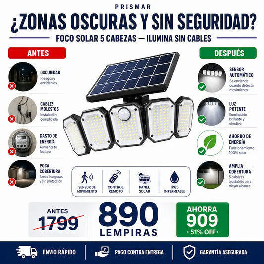 Foco Solar 5 Cabezas con Sensor de Movimiento y Control Remoto — Seguridad e Iluminación Sin Recibo de Luz